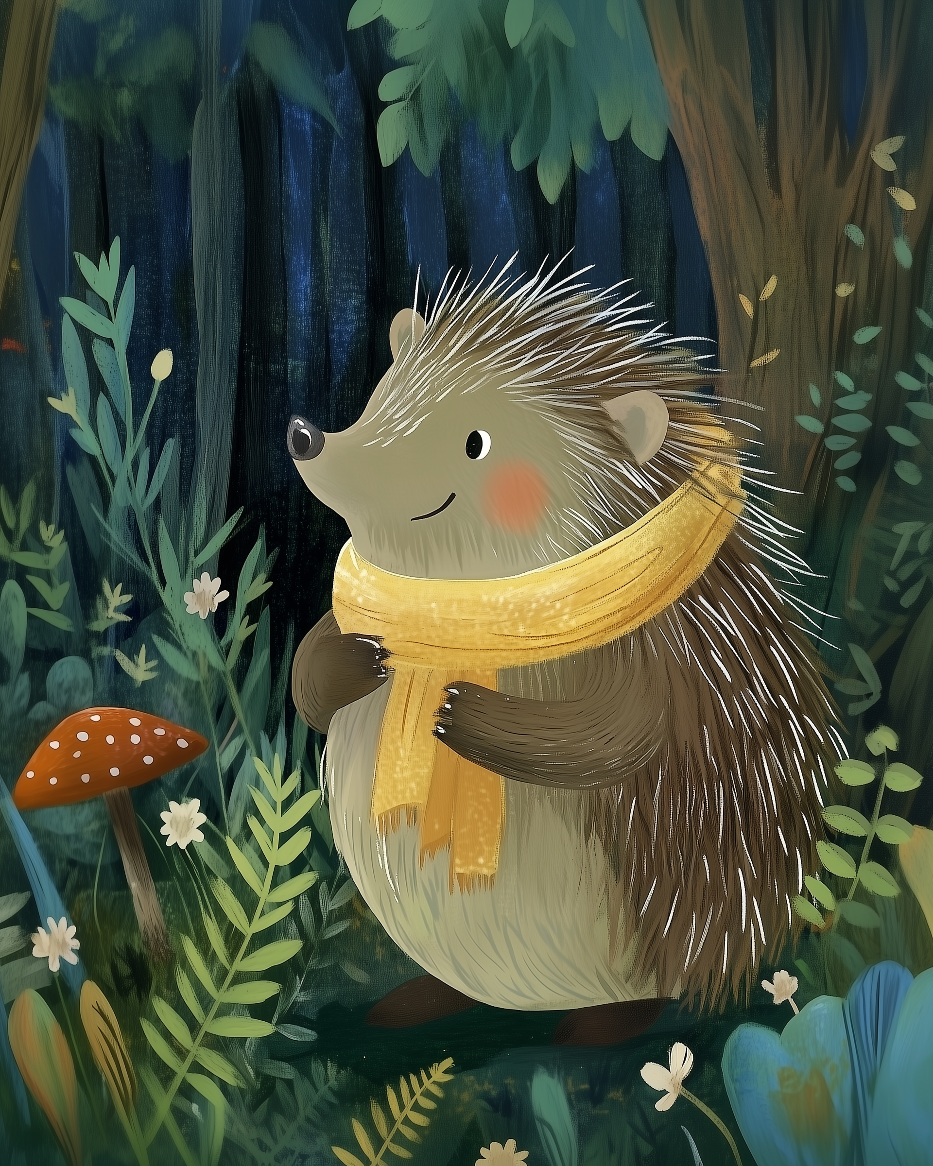 A smiling hedgehog wrapped in a cozy yellow scarf stands in a lush forest clearing, surrounded by ferns, mushrooms, and wildflowers. The dark tree trunks and deep green foliage in the background create a peaceful woodland atmosphere.