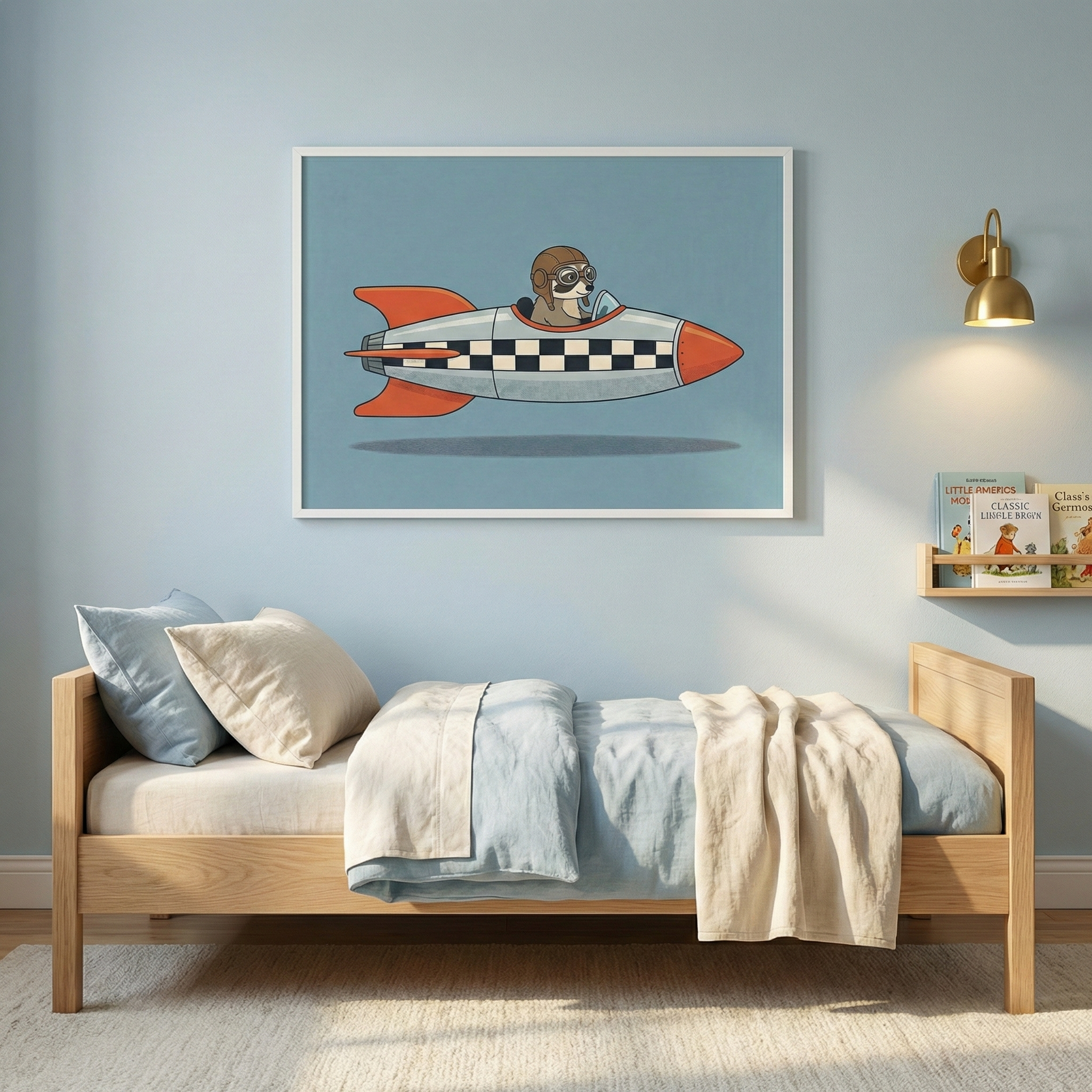Whimsical raccoon pilot in a rocket ship space wall art hanging above a light wood bed in a cozy child's bedroom.