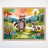 Raccoon Friends Wall Art for Nursery, Playroom or Kids Bedrooms - Playful Raccoons in Colorful Woodland Meadow - Mountain Mischief