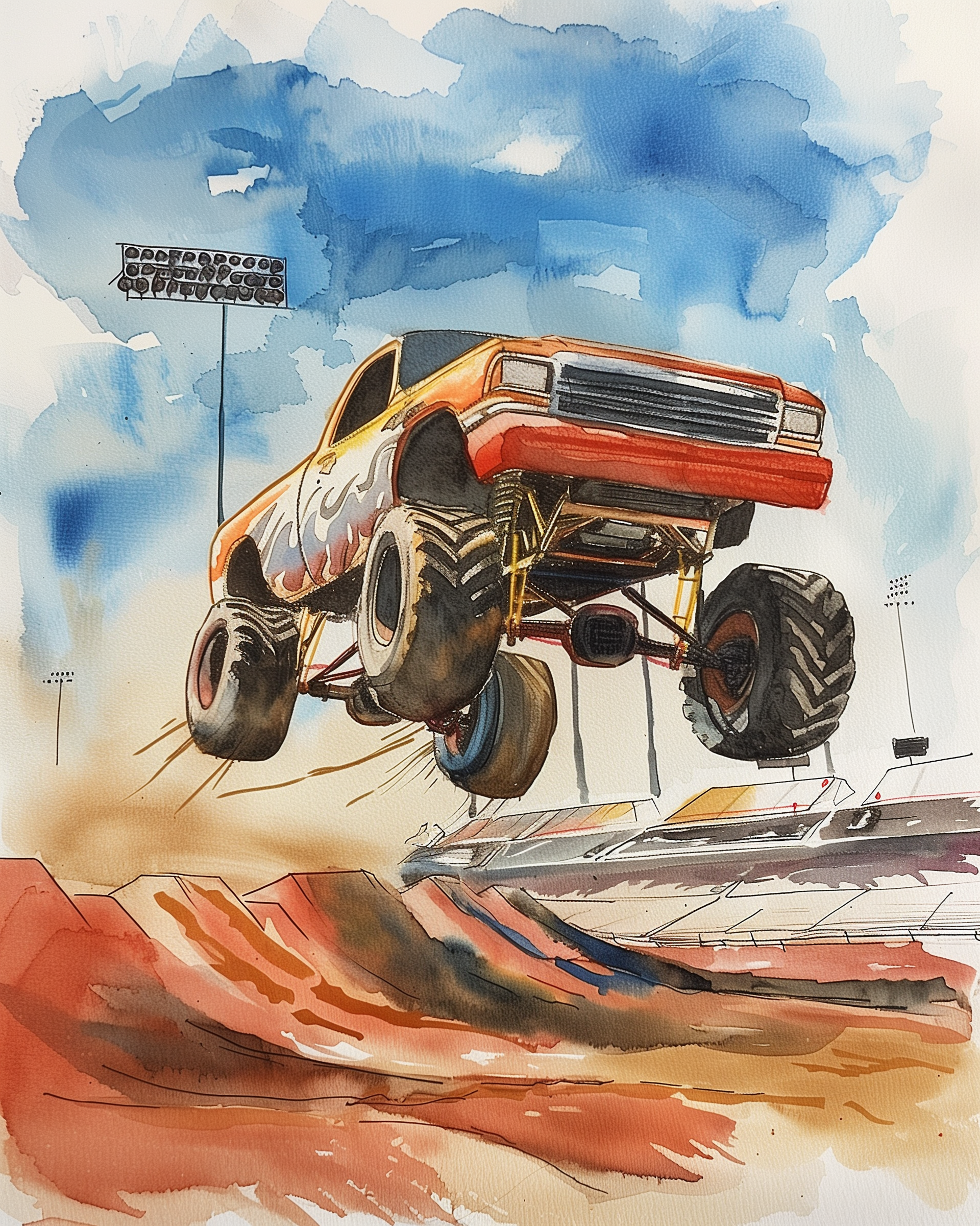 A fiery orange monster truck with flame decals launches into the air over a dirt ramp inside a brightly lit stadium. The massive tires are fully off the ground, with clouds of dust trailing behind as the truck soars under a vivid blue sky.