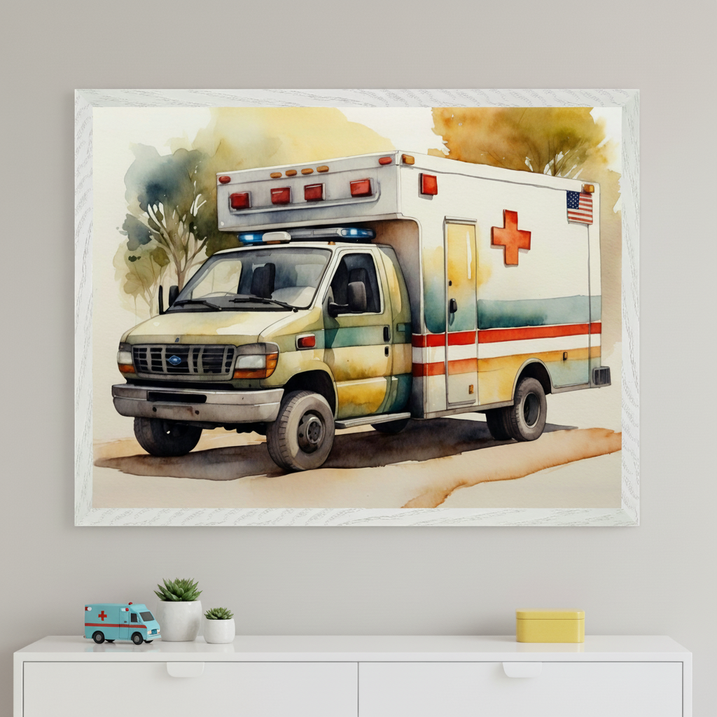 Modern kid's room with a white dresser. A large framed watercolor painting of a white and green ambulance with a red cross and US flag hangs above the dresser. A toy ambulance, two potted plants, and a yellow box are on the dresser.