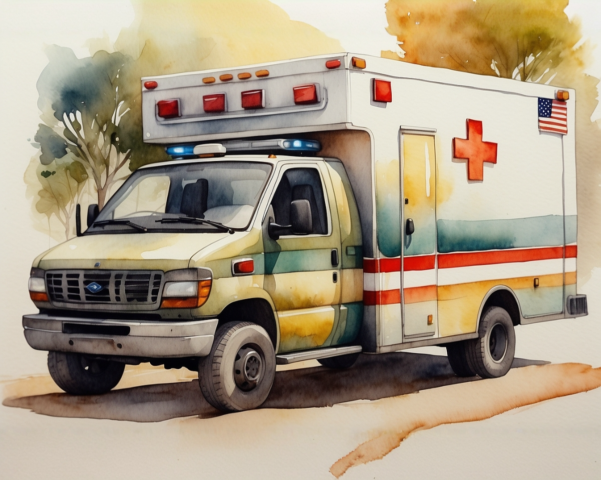 A watercolor illustration of an ambulance with a red cross and an American flag on its side, parked on a tree-lined street. The vehicle features red and blue emergency lights and has a white and green body with red stripes.