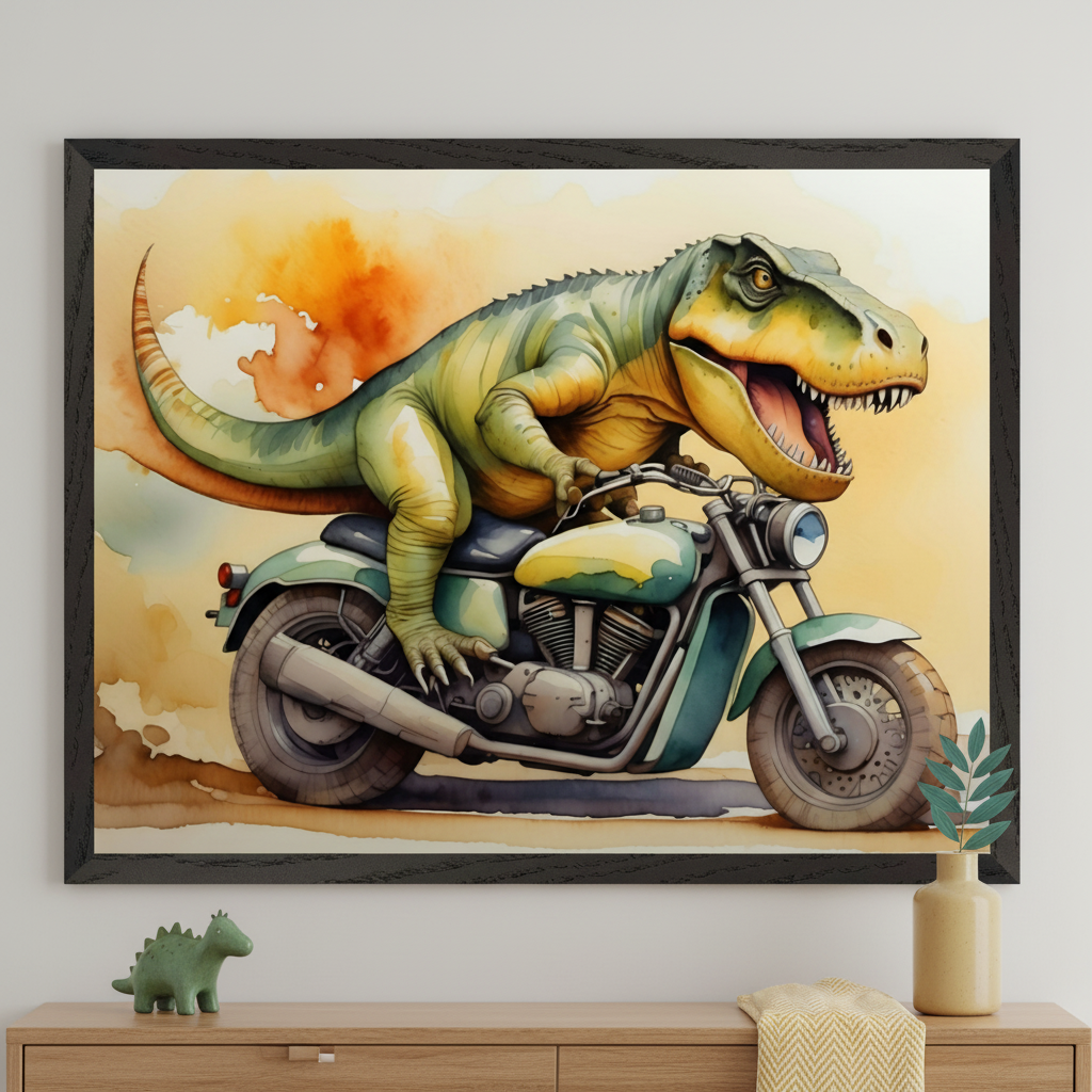 Kid's room with a wooden dresser. A large framed watercolor print of a green T-Rex riding a teal motorcycle is centered above the dresser. A small green dinosaur figurine and a yellow vase with a plant are on the dresser.