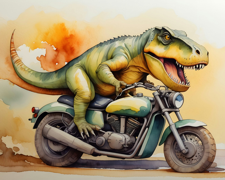 A cartoon T. rex with green and yellow scales is humorously riding a teal and yellow motorcycle, its mouth wide open in a roar, set against a watercolor background with splashes of orange and beige.