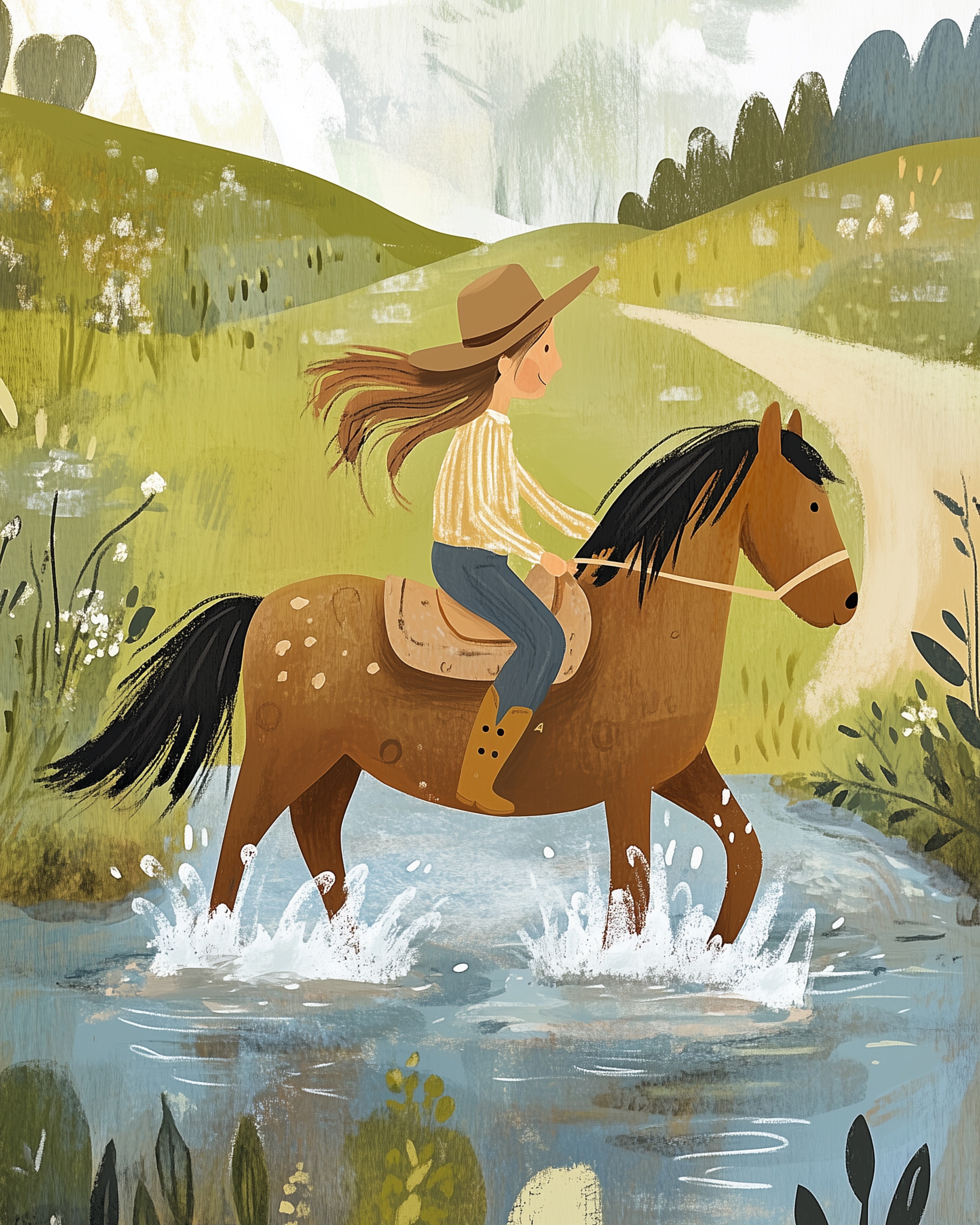 Joyful image of a girl in a striped shirt and cowboy hat riding a brown horse through a shallow stream, splashing water as they cross a lush green meadow.