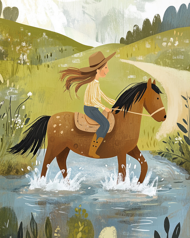 Joyful image of a girl in a striped shirt and cowboy hat riding a brown horse through a shallow stream, splashing water as they cross a lush green meadow.