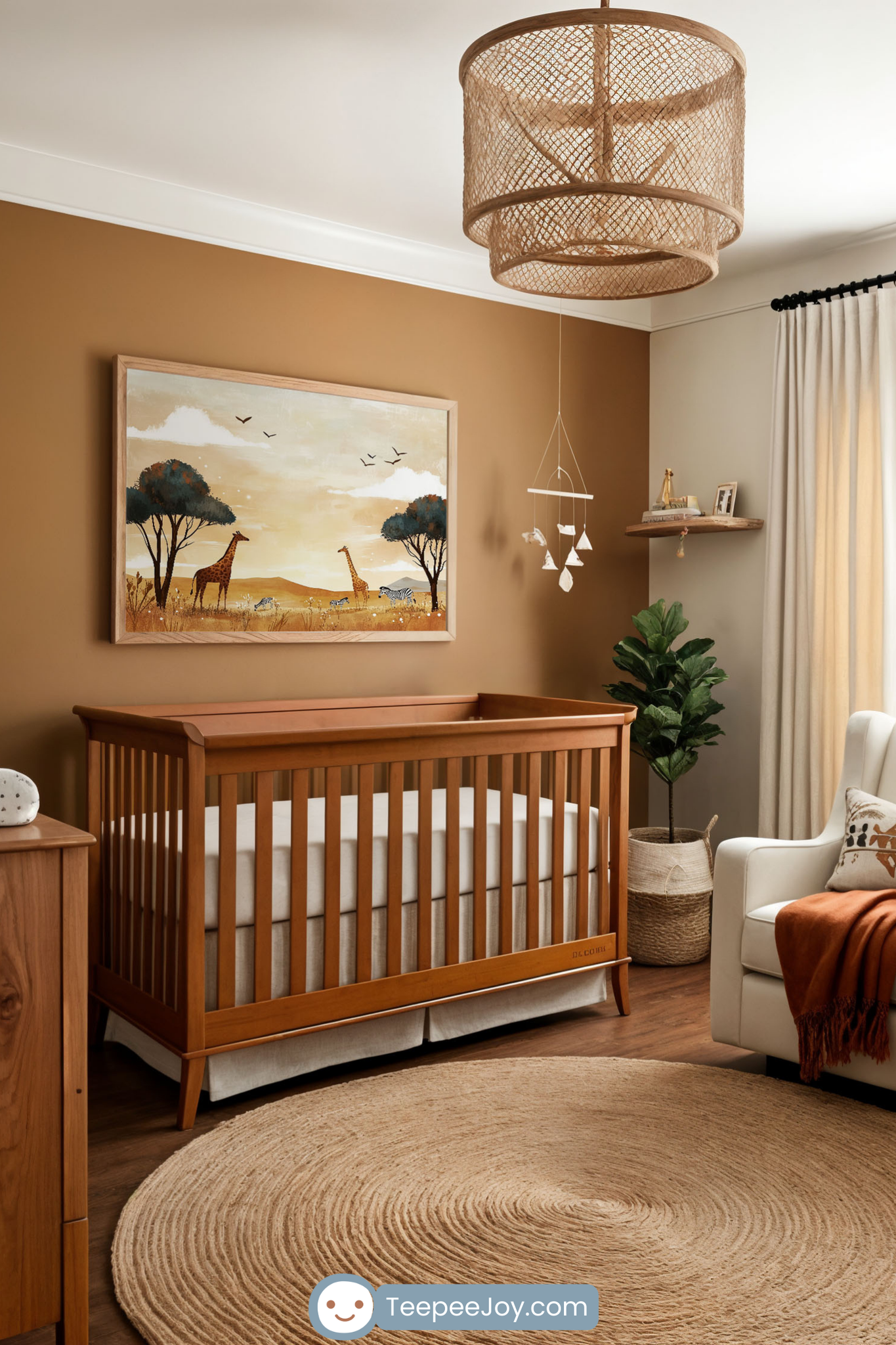A cozy safari-themed nursery featuring a wooden crib against a warm earthy-toned wall. Above the crib, a framed painting of giraffes in a golden savanna landscape adds a natural touch. The room includes a white armchair with a rust-colored throw blanket, a woven circular rug, and soft beige curtains. A woven pendant light and wooden decor elements create a serene, nature-inspired atmosphere.