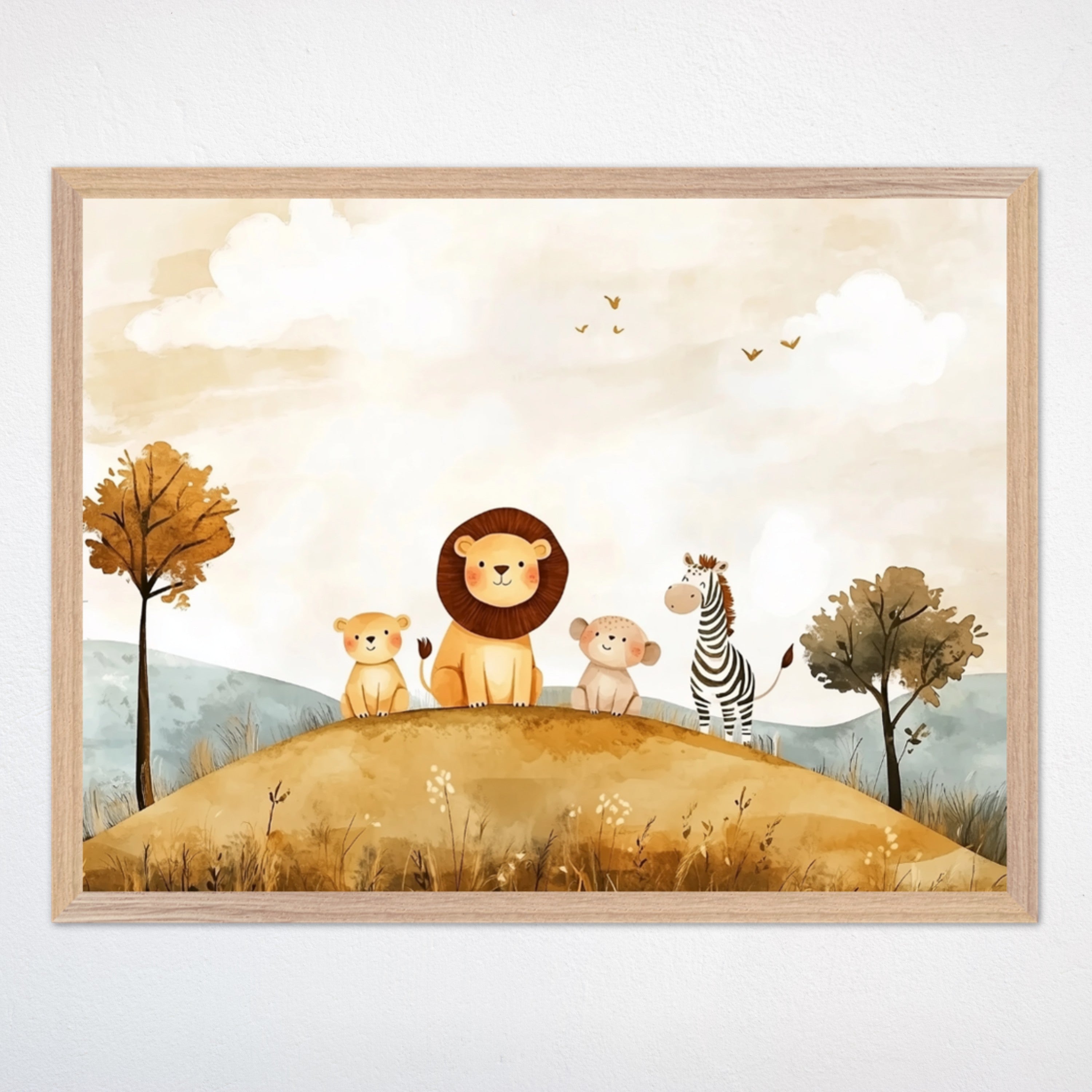 Adorable watercolor-style illustration of a group of safari animals, including a lion, a lion cub, a monkey, and a zebra, standing together on a grassy hill. The background features soft, earthy tones with rolling hills, golden trees, and a warm, cloudy sky with birds flying in the distance. The artwork’s gentle color palette and whimsical animal expressions create a charming and playful feel.