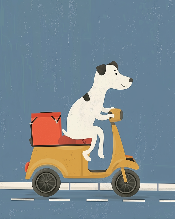 Playful illustration of a white dog with black spots riding a yellow scooter with a red delivery box attached, cruising along a blue road.