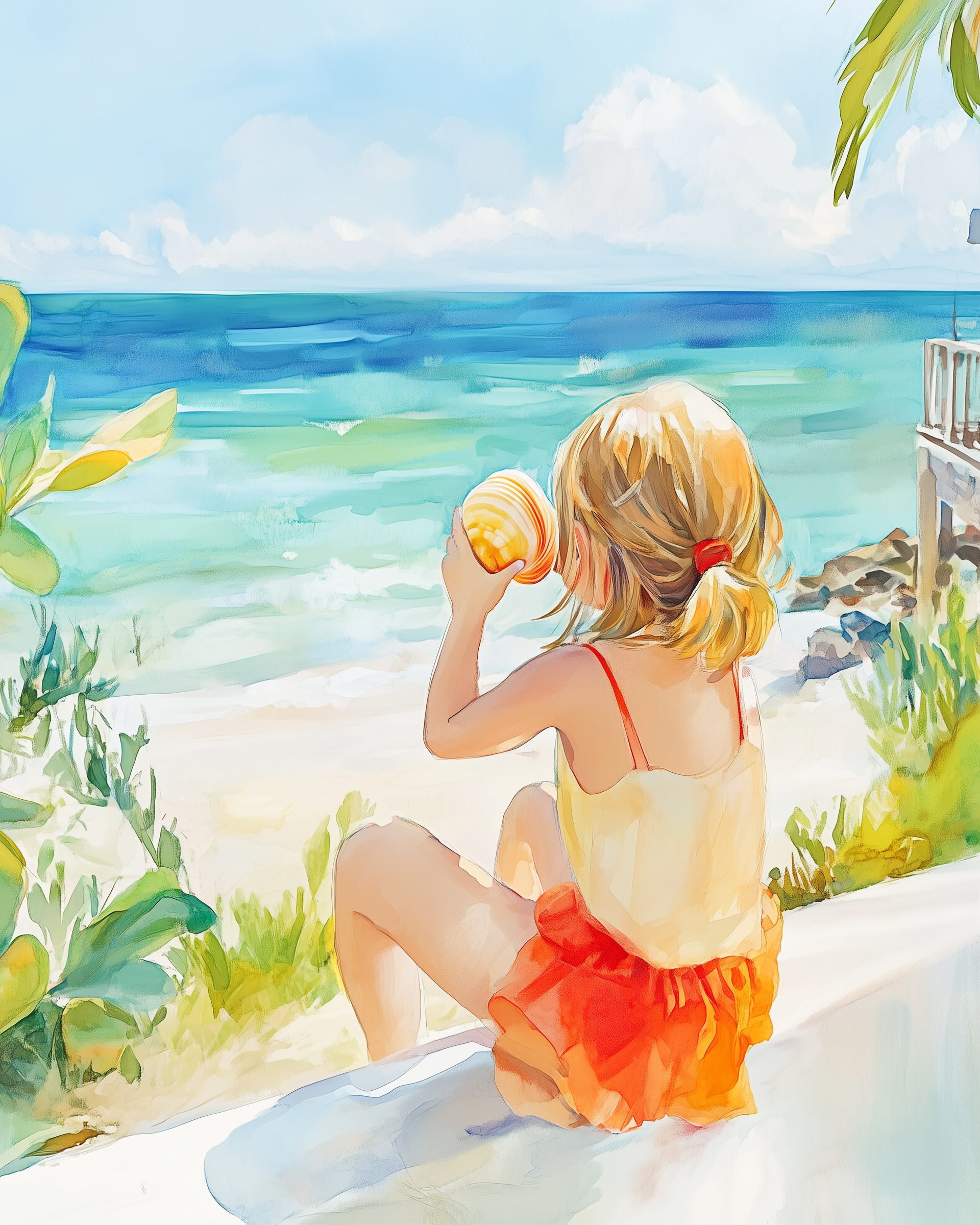 A young girl in a yellow and orange sundress sits on a white ledge overlooking the ocean, holding a large seashell to her ear. Surrounded by tropical greenery and a view of turquoise waves, she enjoys a peaceful moment under the sunny sky.