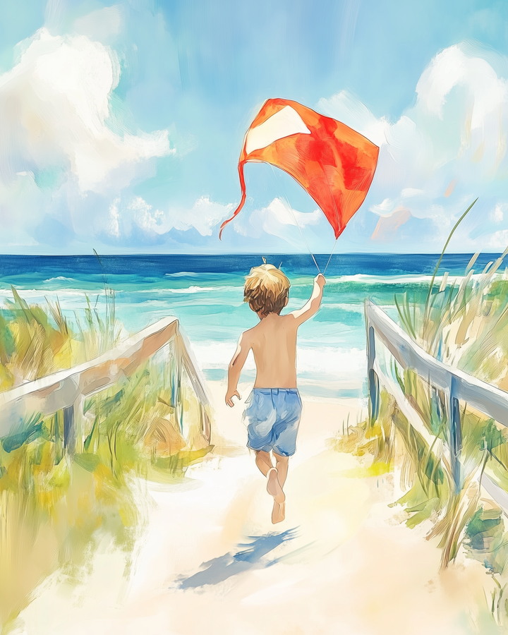 A young boy in denim shorts runs barefoot down a sandy beach path, flying a bright red kite under a sunny blue sky. The ocean sparkles ahead, framed by grassy dunes and weathered wooden railings, capturing a carefree summer moment.