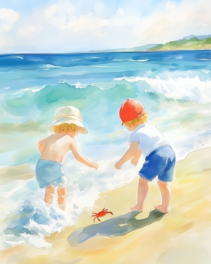 Two toddlers in sun hats and blue shorts play at the edge of the shore, curiously watching a small red crab on the sand. Gentle waves roll in behind them under a sunny sky, capturing a playful and curious beachside moment.