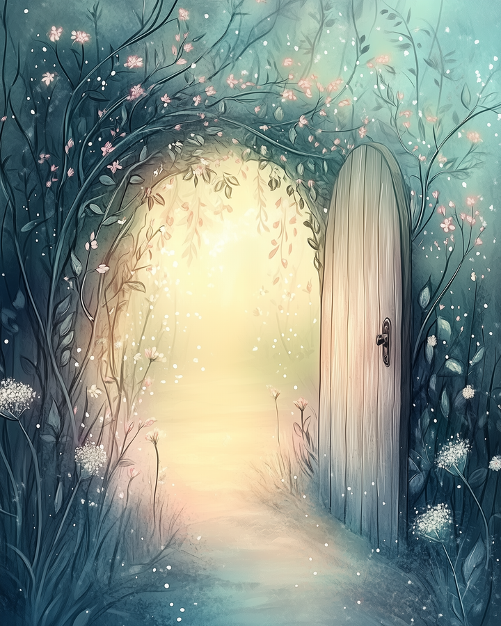 A whimsical arched wooden door stands open in a forest wall of flowering vines, revealing a glowing, golden path that leads into a softly lit, magical world. The surrounding flowers and sparkles in the air enhance the dreamy, fairytale-like atmosphere.