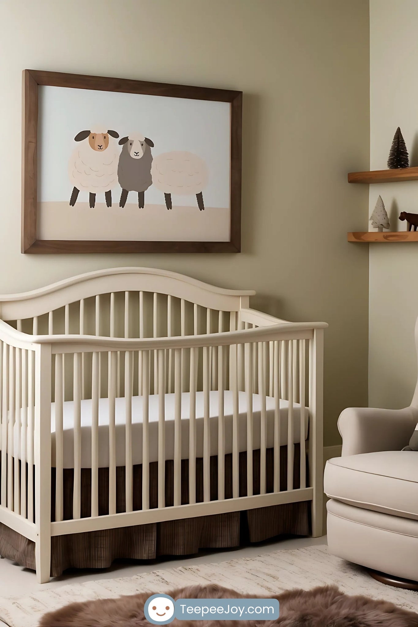 A serene nursery featuring a framed illustration of three sheep, one brown-faced, one gray-faced, and one cream-colored, hanging above a classic white crib. The room includes an upholstered beige rocking chair with a woodland-themed pillow, light green walls, and rustic wooden shelves adorned with miniature trees and animal decor. A cozy and inviting space with a natural and calming theme.