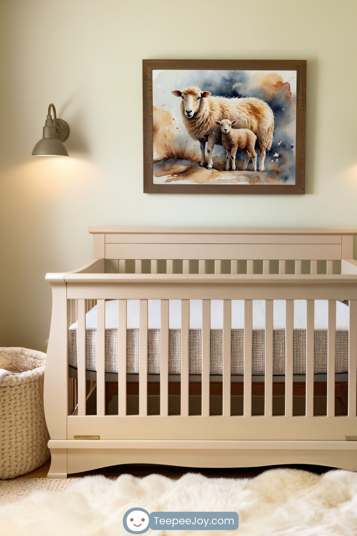 This image shows a cozy and serene nursery featuring a framed watercolor illustration of a sheep and its lamb hanging above a light wood crib. The soft, neutral palette of the room is complemented by woven baskets, a plush sheepskin rug, and gentle wall lighting. The overall ambiance reflects warmth and rustic charm, perfect for a nursery.