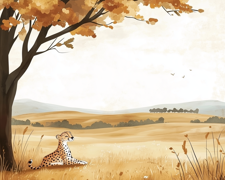 A cheetah lounges in golden grass under a wide tree with autumn leaves, looking across a quiet, open plain with hills and birds in the distance.
