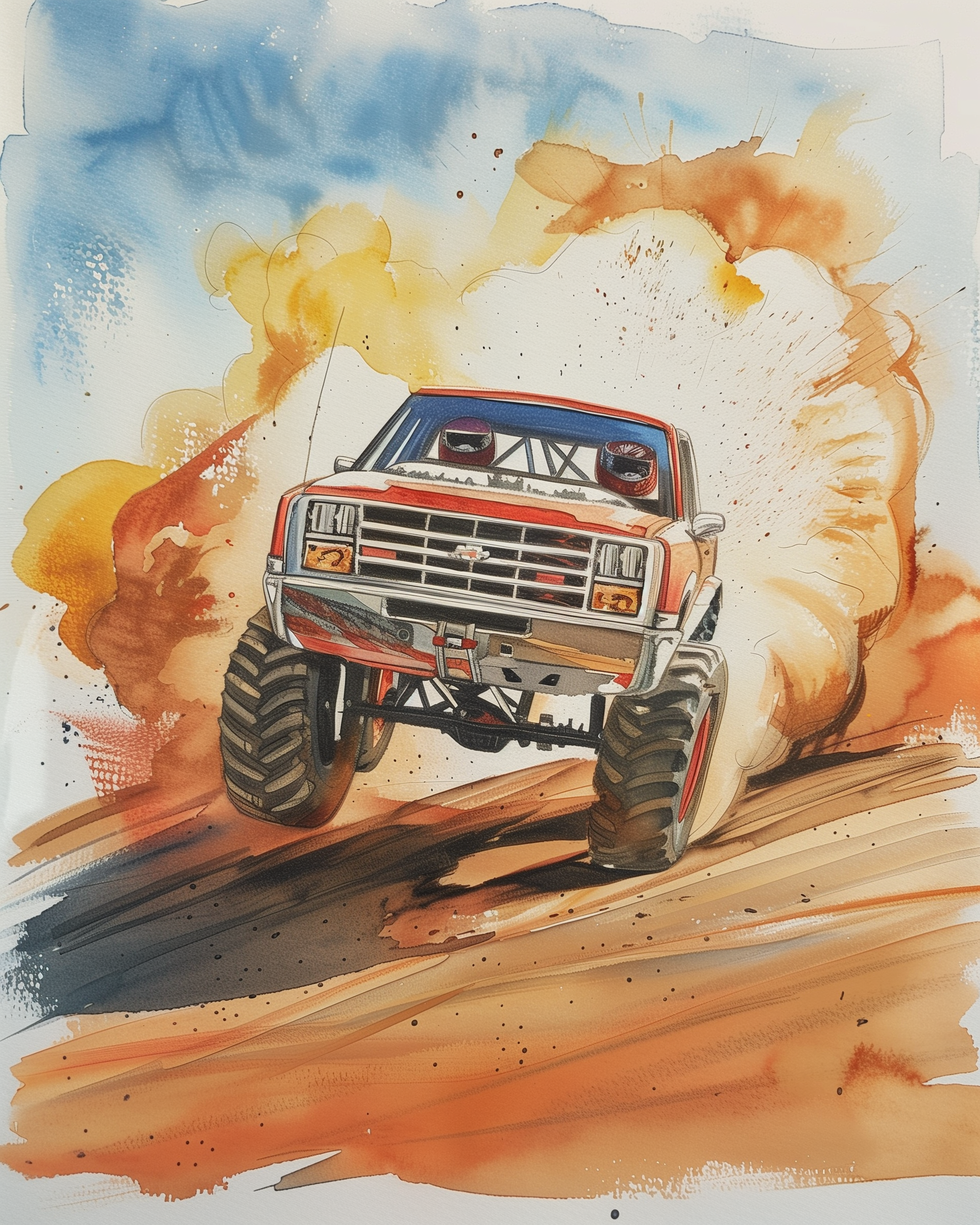 A powerful red and white monster truck kicks up a massive cloud of dust as it speeds down a rugged dirt track, its oversized tires gripping the terrain. The truck's aggressive stance and detailed front grille are highlighted against a vibrant background of swirling orange and blue.