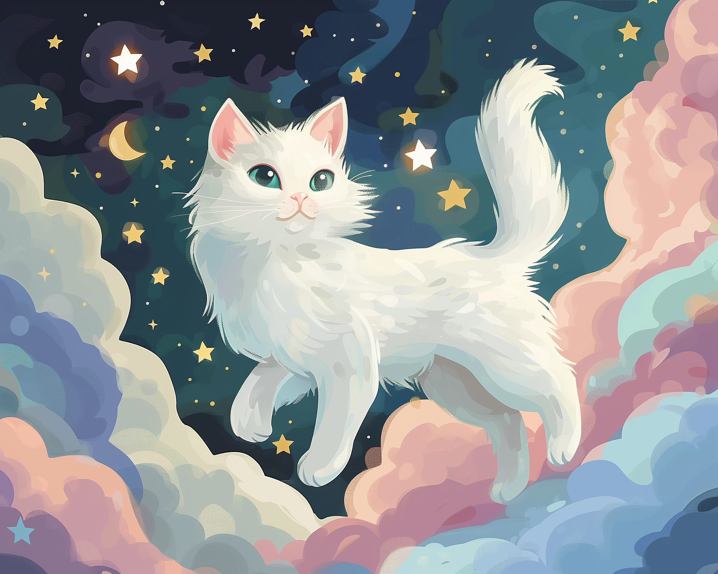 Fluffy white cat with bright teal eyes prances gracefully among pastel-colored clouds under a star-filled night sky. The whimsical scene glows with crescent moons, twinkling stars, and soft shadows, creating a magical dreamlike setting.