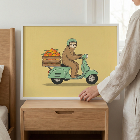 Framed sloth wall art featuring a sloth on a green scooter with a crate of mango fruit, held by a hand in a white frame resting on a wooden nightstand.
