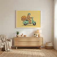 Whimsical sloth riding a scooter with mango fruit wall art hanging above a light wood dresser in a minimalist living room.