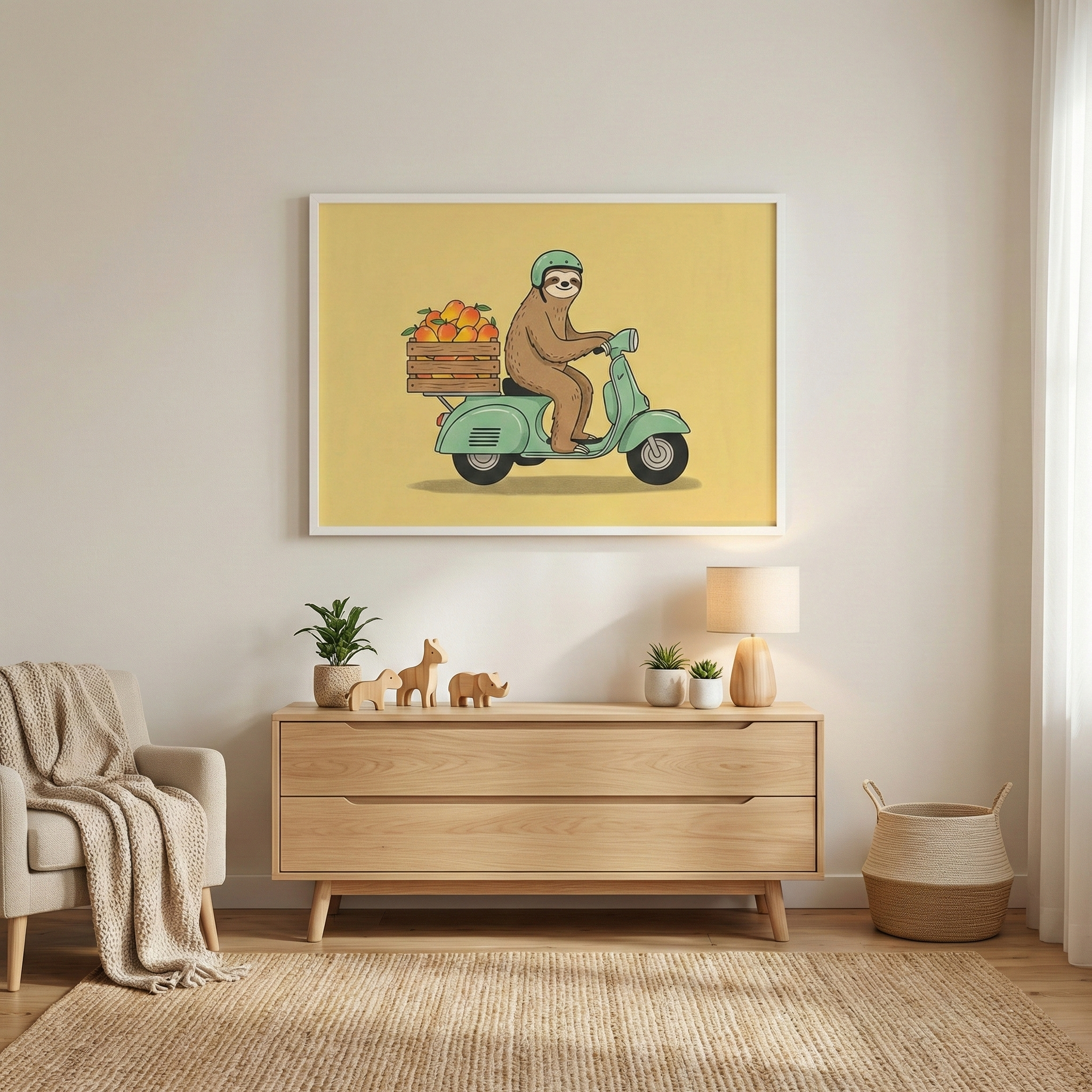 Whimsical sloth riding a scooter with mango fruit wall art hanging above a light wood dresser in a minimalist living room.