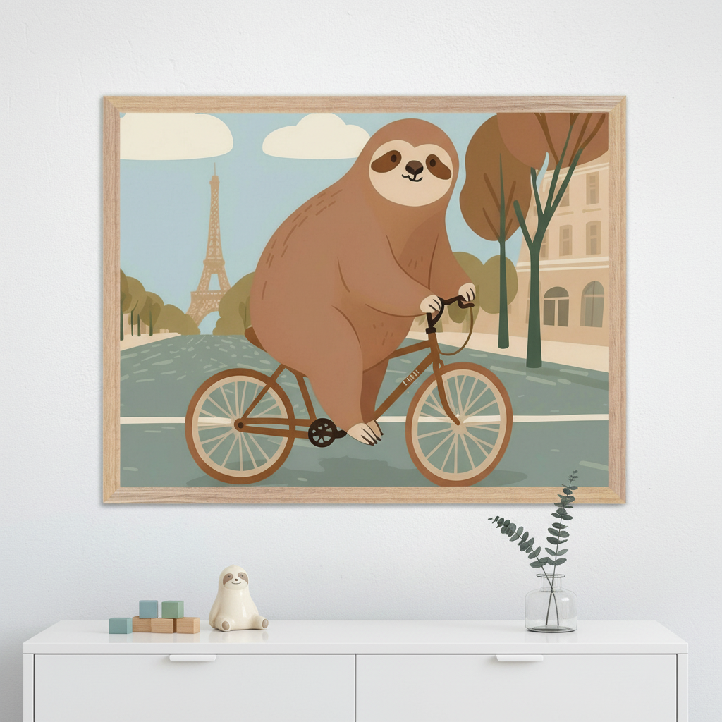 Modern kid's room with a white dresser. A large framed illustration of a smiling brown sloth riding a bicycle in Paris, with the Eiffel Tower, hangs centered above the dresser. A ceramic sloth, wooden blocks, and a eucalyptus sprig are on the dresser.