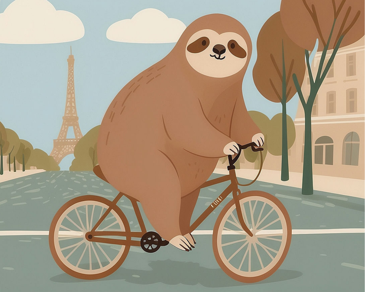 A whimsical illustration of a sloth riding a bicycle down a tree-lined street, with the Eiffel Tower visible in the background. The scene features soft colors and a playful, cartoon style, capturing a charming and leisurely atmosphere.