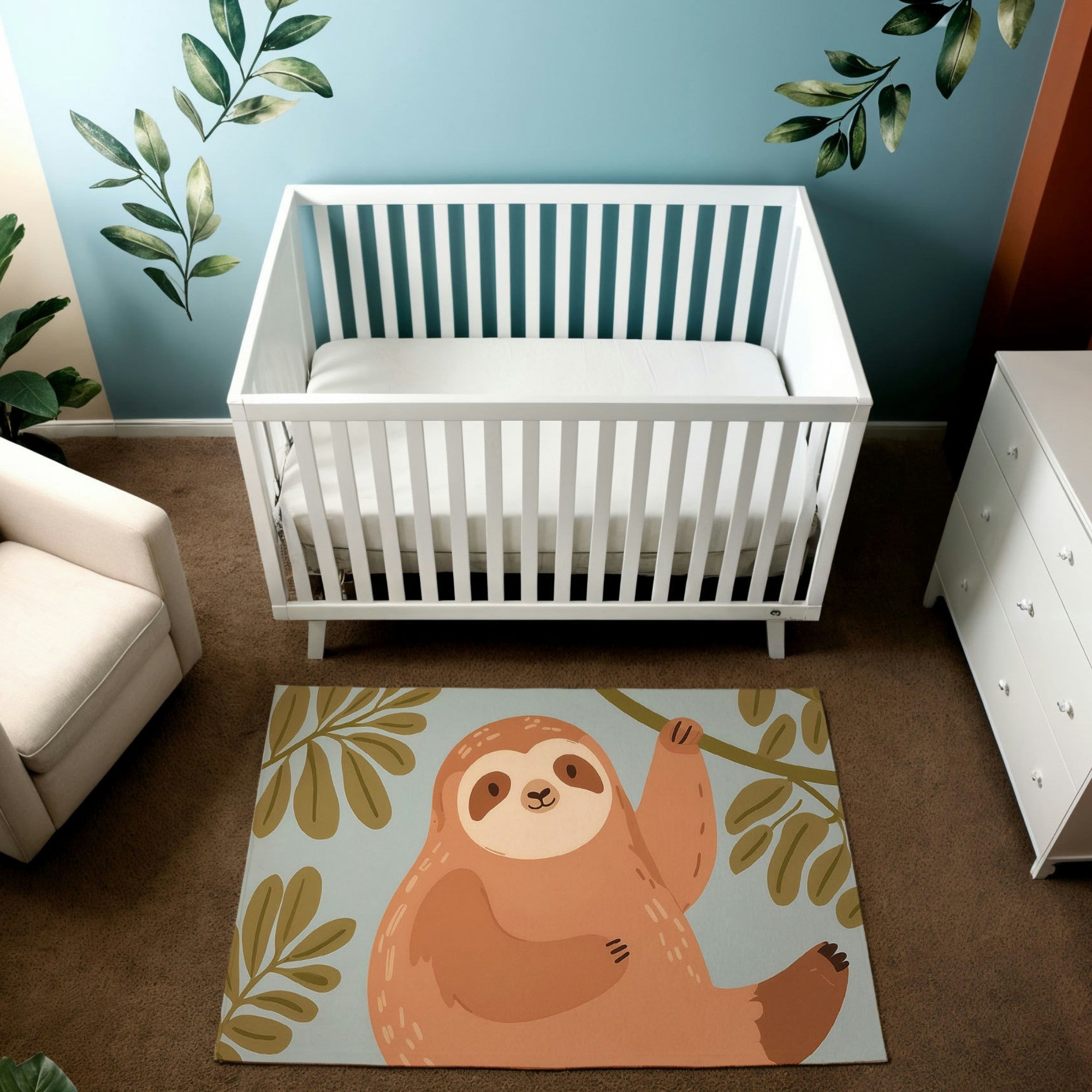 A charming nursery with a white crib set against a light blue wall decorated with leafy wall decals. The room includes a white dresser and a cozy armchair, creating a serene and natural vibe. The centerpiece is a playful rug featuring a smiling sloth hanging from a branch, surrounded by green leaves on a soft blue background.