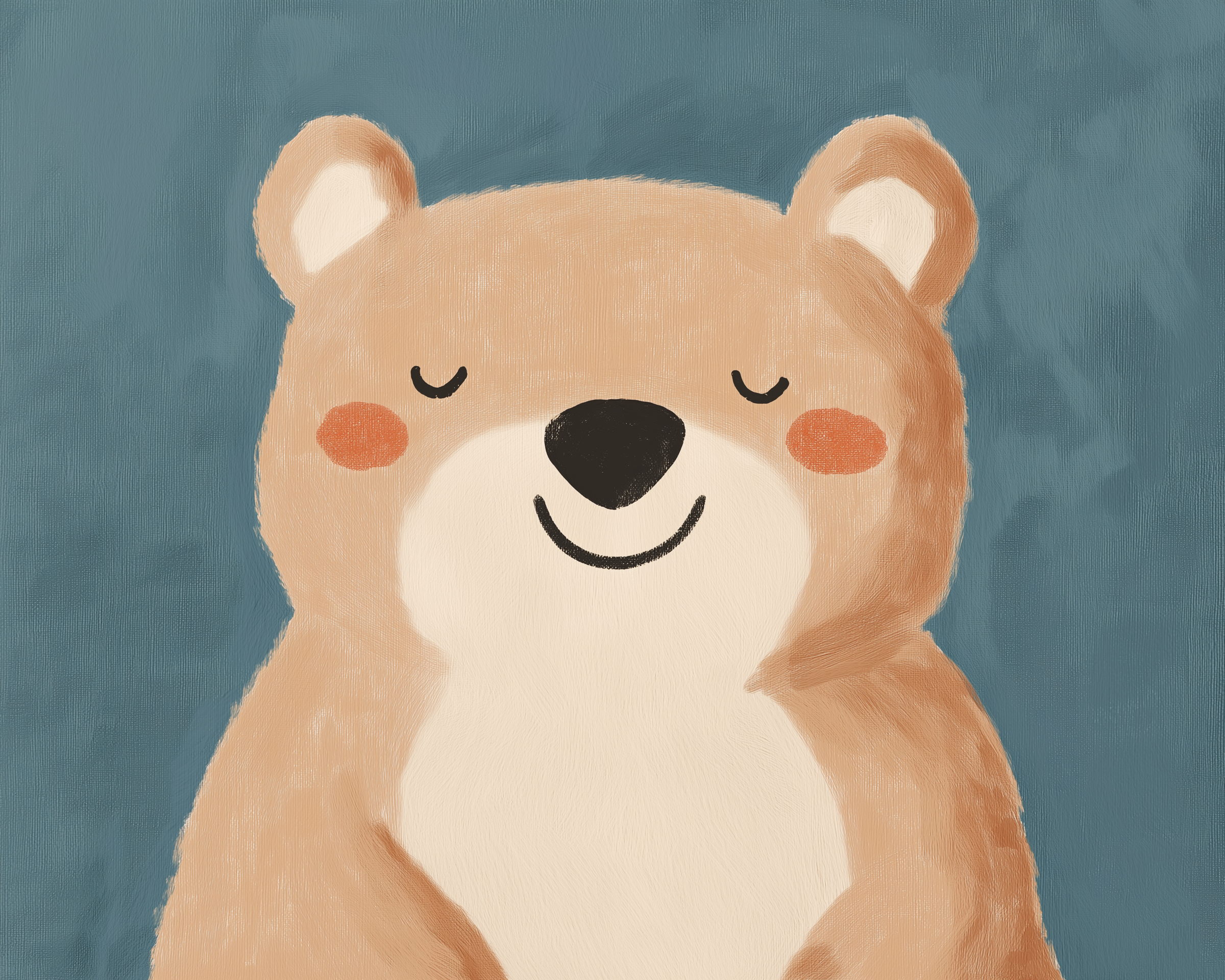 Cute illustrated bear with a light brown coat and cream-colored belly, smiling with closed eyes and rosy cheeks against a textured blue background. The bear’s calm expression and soft brushstrokes create a warm, peaceful mood.