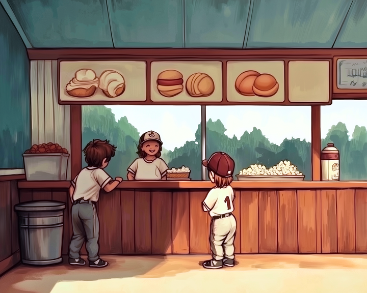 Two young children in baseball uniforms stand at a wooden concession stand, where a smiling vendor hands them a tray of popcorn. Illustrated menu signs above display baked goods like cinnamon rolls, burgers, and buns, with trees visible through the open windows behind the stand.