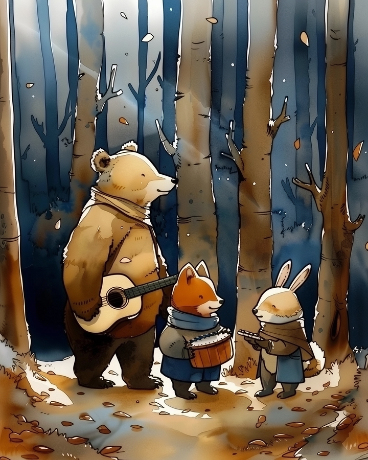 A bear with a guitar, a fox with a drum, and a rabbit with a flute stand together in a quiet forest clearing, bundled in cozy scarves and coats. Autumn leaves scatter the ground as the woodland friends play music under the soft light filtering through tall, slender trees.
