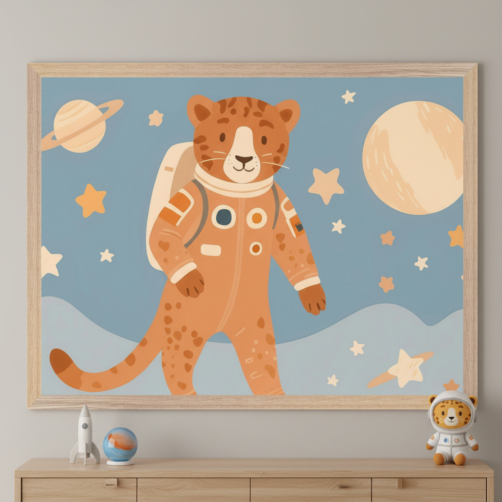 Kid's bedroom with a light wood dresser. A large framed print of a cartoon leopard in an orange astronaut suit in space with planets and stars hangs above the dresser. On the dresser are a rocket, a globe, and a matching leopard astronaut plush toy.