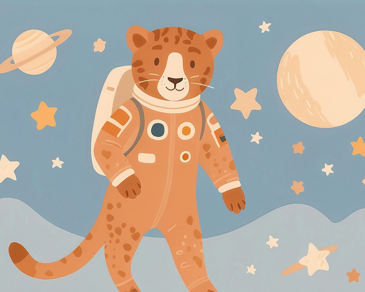 A cartoon leopard wearing an orange spacesuit with a backpack floats in a whimsical space scene, surrounded by stars and planets against a light blue background.