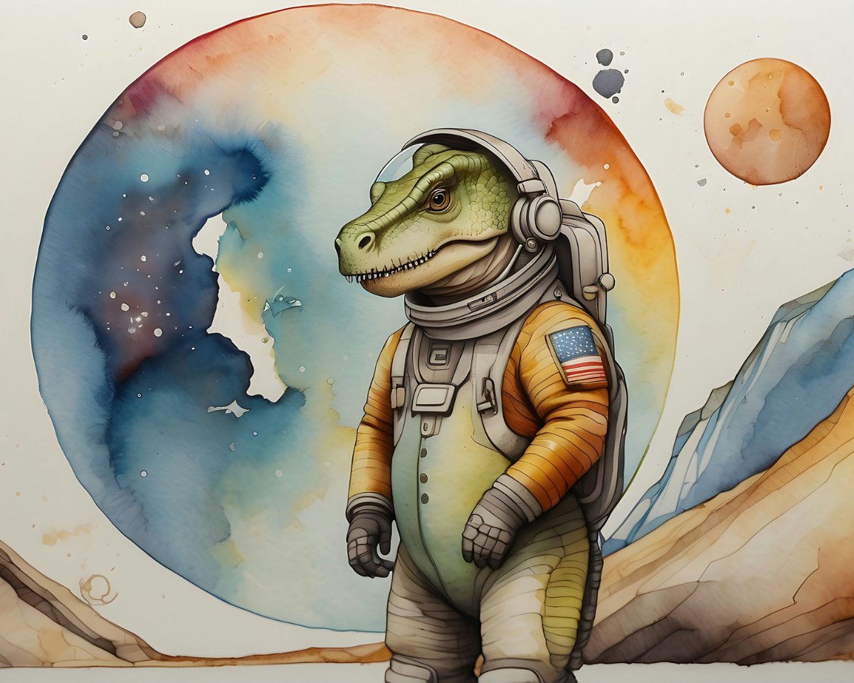 A dinosaur in a space suit stands against a colorful cosmic backdrop, featuring a large, abstract planet and another smaller one. The suit has an American flag patch on the arm, and the scene is set against a watercolor-style illustration with mountains in the foreground.