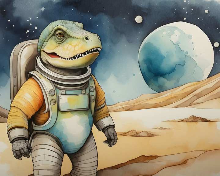 A dinosaur in a colorful spacesuit stands on a barren, sandy landscape with a large, blue planet in the starry background.