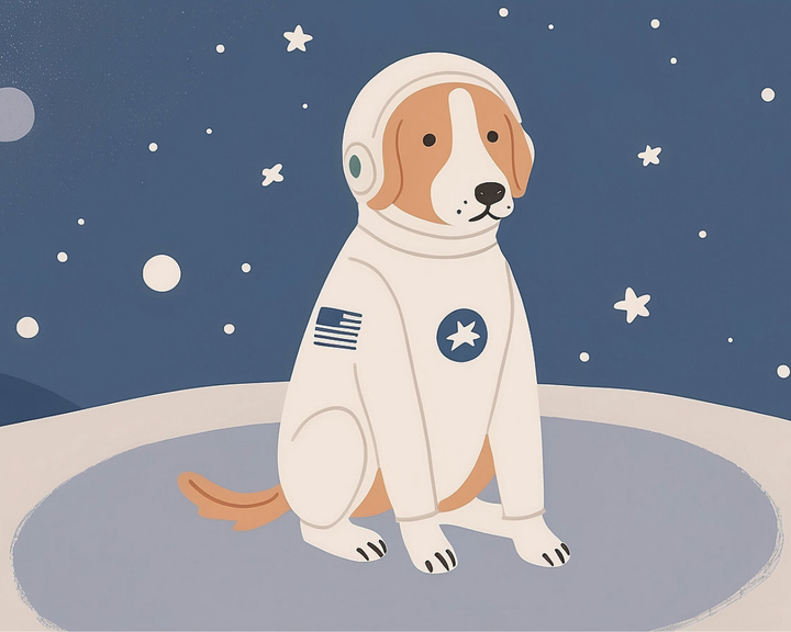 An illustration of a dog wearing an astronaut suit sits on a lunar surface, with a starry night sky in the background. The suit features an American flag patch and a star emblem, while the dog looks calmly into the distance, surrounded by stars and celestial bodies.