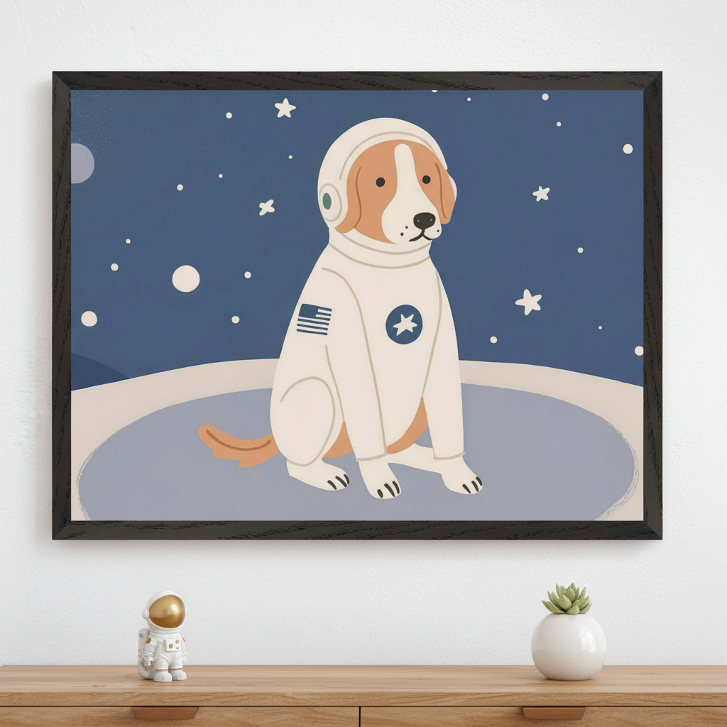 Modern room with a light wood dresser. A large black-framed print of a cartoon dog in an astronaut suit on a starry blue background hangs above the dresser. A small gold astronaut figurine and a succulent plant sit on the dresser.