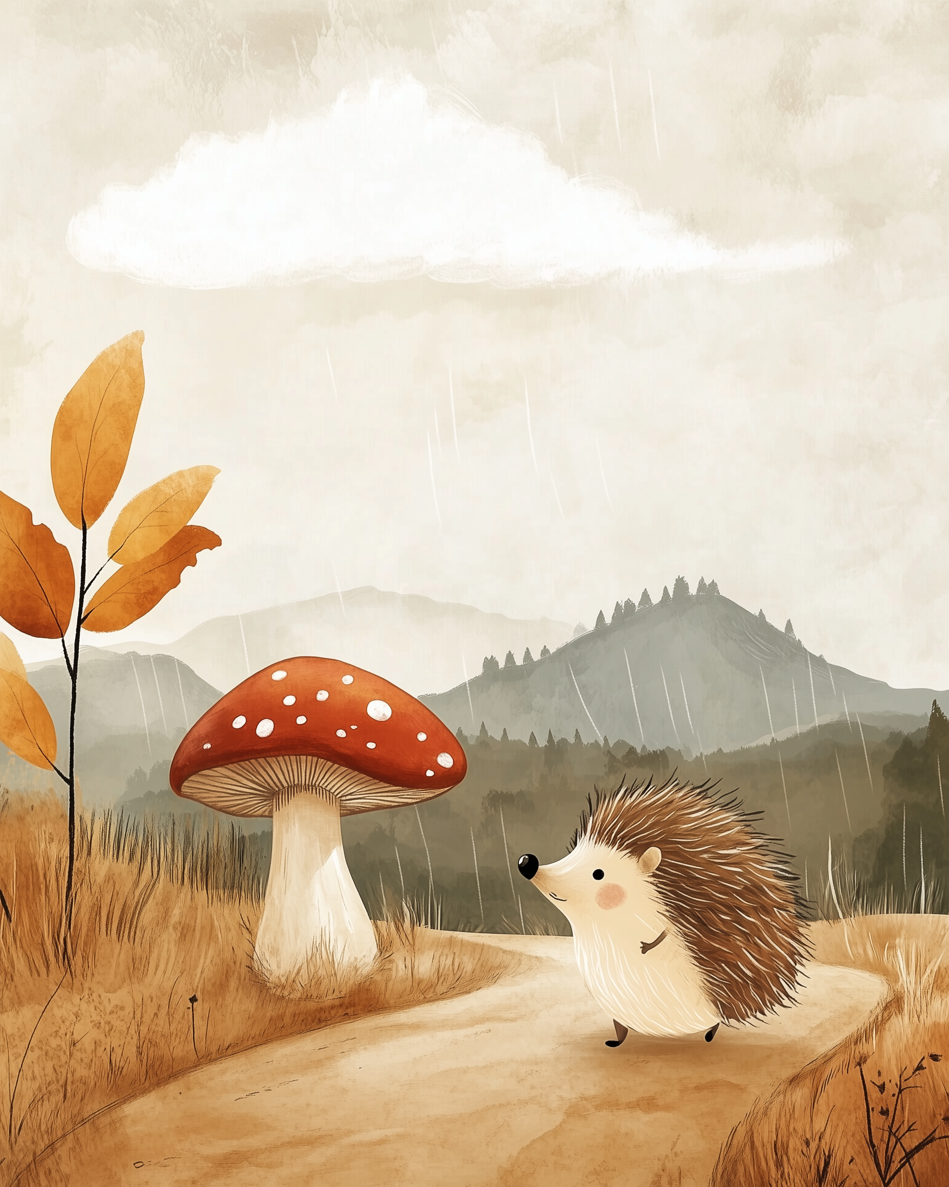 A happy hedgehog walks along a winding path through a rainy autumn landscape, heading toward a large red mushroom with white spots. Surrounded by golden grasses, orange leaves, and misty hills in the background, the scene feels cozy and whimsical.