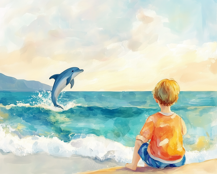 A young boy in an orange shirt and blue shorts sits at the edge of the beach, watching a dolphin leap gracefully from the turquoise sea. The soft pastel sky and gentle waves create a peaceful, wonder-filled moment by the ocean.
