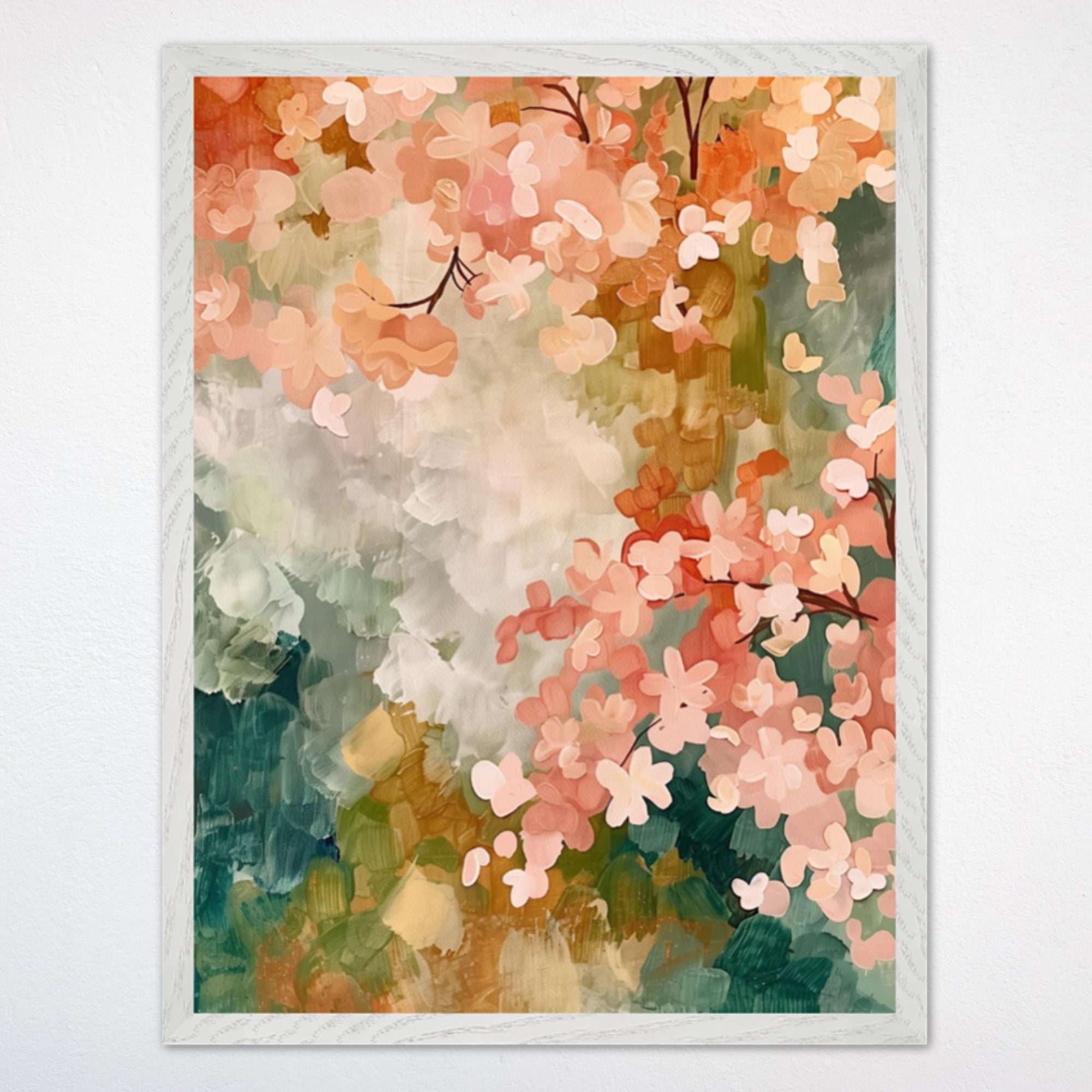 This artwork is an abstract floral painting bursting with layered brushstrokes in soft peach, coral, and green tones. Clusters of stylized flowers bloom across the canvas in a dreamy, impressionistic haze, blending into a textured background of leafy greens and muted whites. The painterly style gives it a warm, tranquil energy like spring caught in a gentle blur.