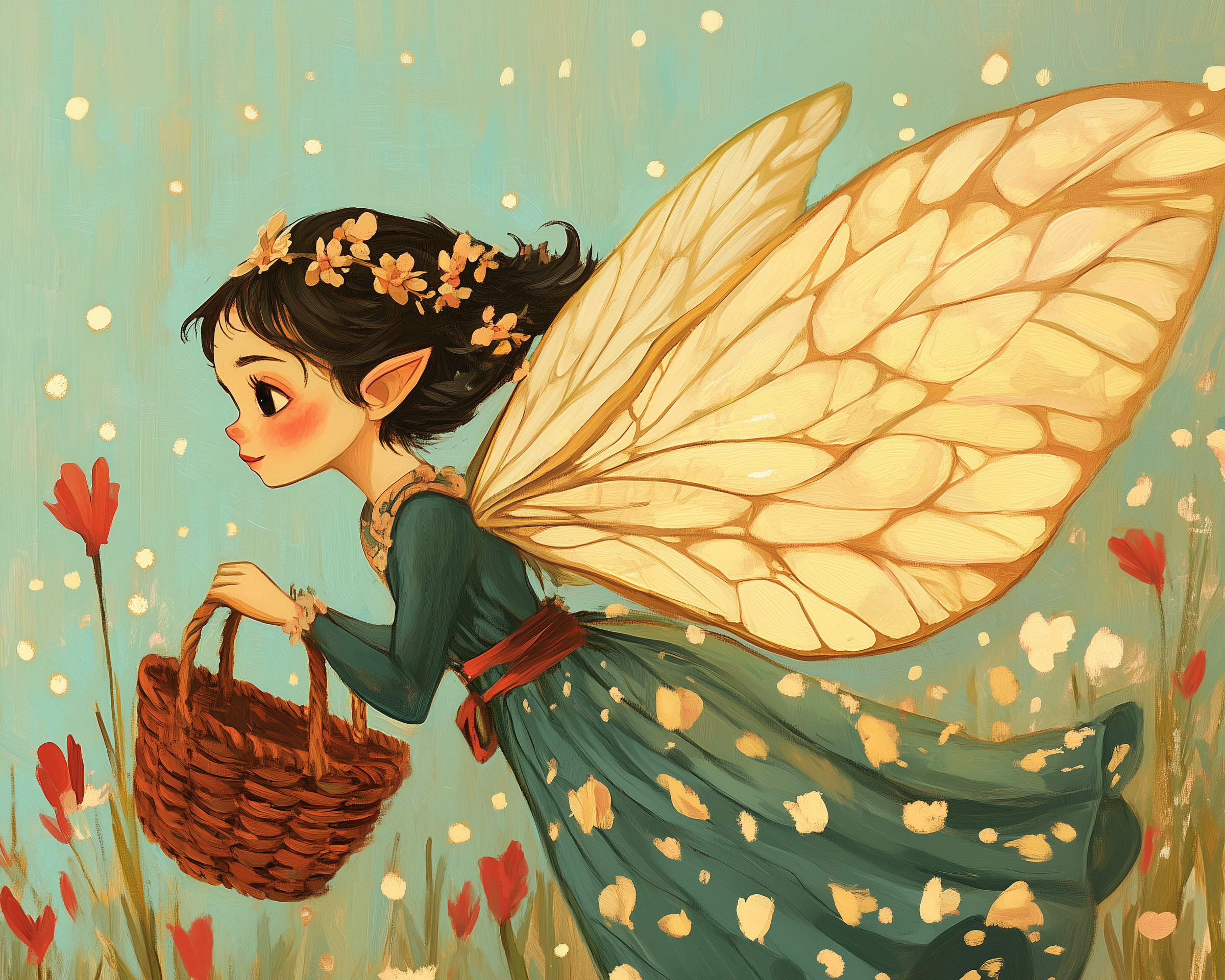 Whimsical illustration of a fairy with golden, leaf-like wings and a flower crown flying through a meadow while carrying a woven basket. She wears a flowing teal dress with yellow speckles, surrounded by red wildflowers and floating light particles against a soft blue sky.