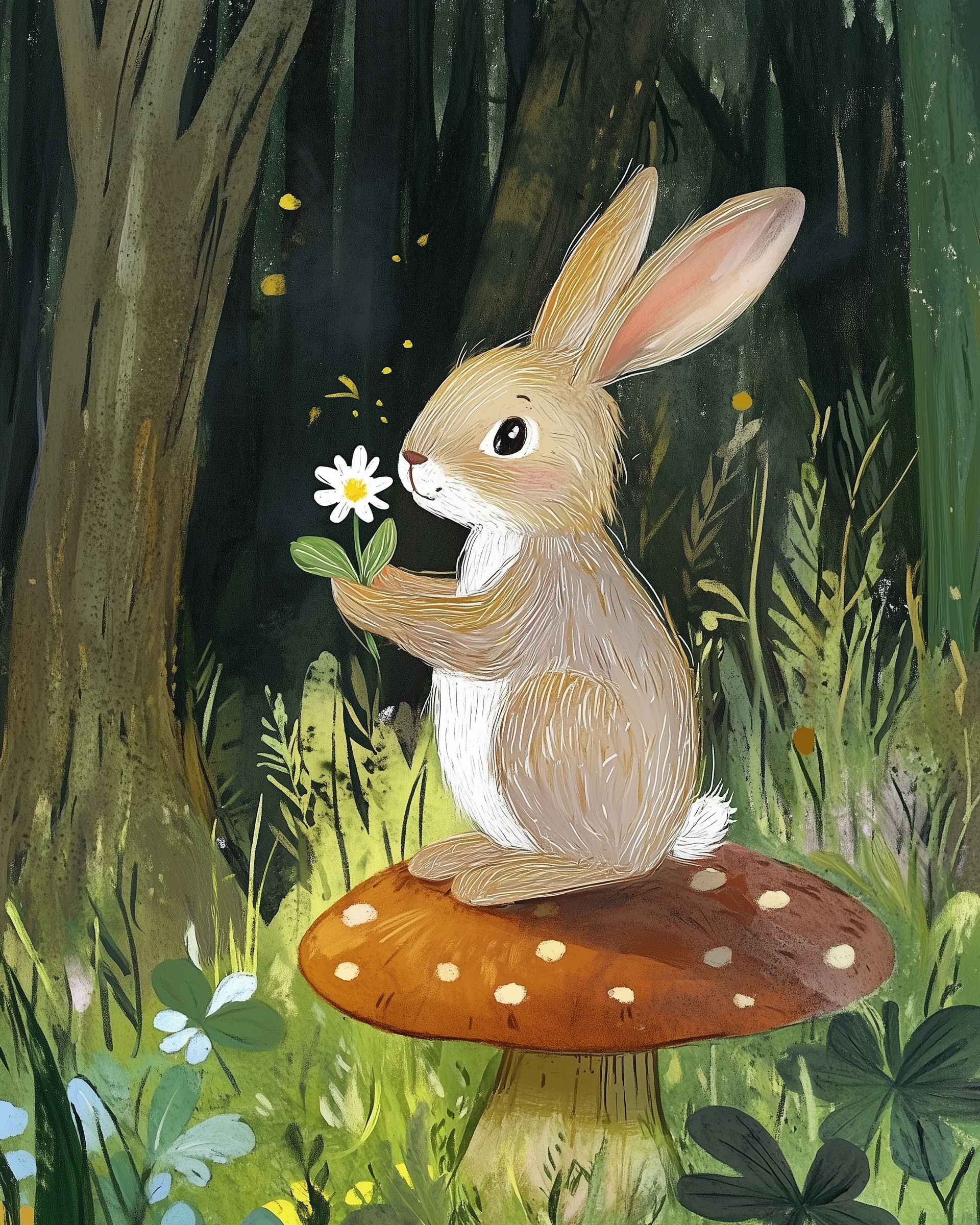 A gentle brown rabbit with white fur on its chest sits on a large red mushroom with white spots, holding a single daisy in its paws. Surrounded by tall grass and glowing fireflies in a quiet forest clearing, the scene feels peaceful and full of wonder.