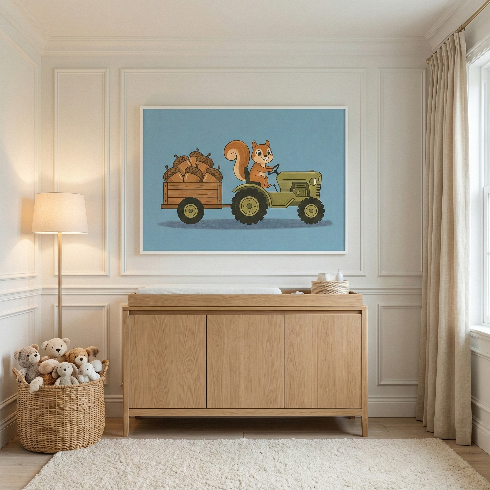 Classic whimsical squirrel driving a tractor hauling acorns wall art hanging above a light wood changing table dresser in a cozy, neutral nursery.