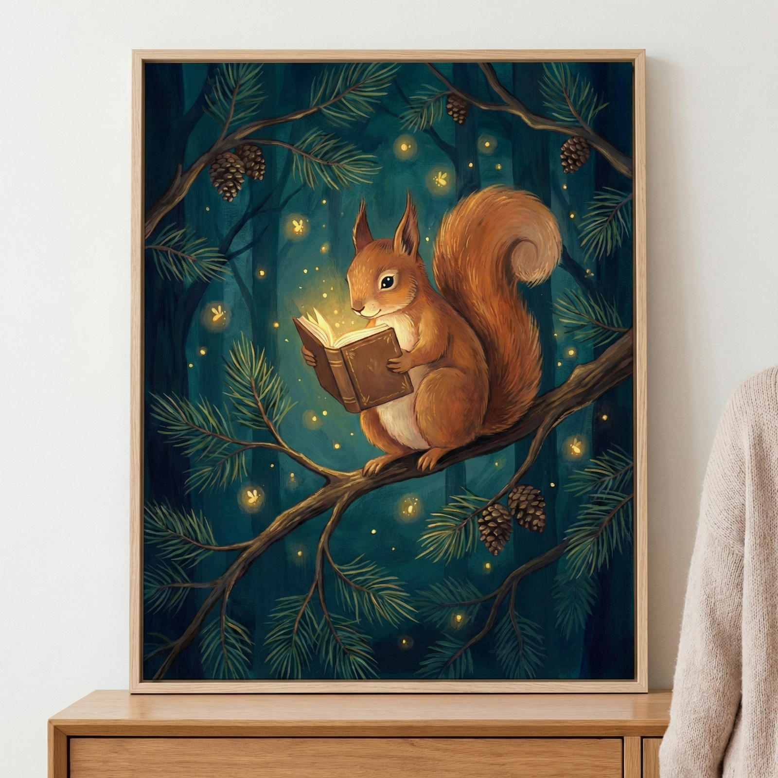 Framed squirrel animal reading a book wall art displayed in a light wood frame resting on a wooden dresser.