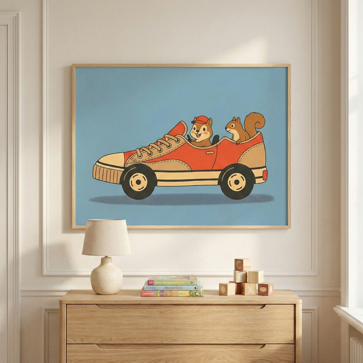 Whimsical squirrel and rodent car wall art hanging above a light wood dresser in a cozy nursery.