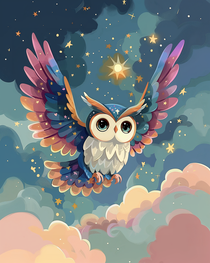 Colorful owl with wide eyes and vibrant wings soars through a dreamy night sky filled with stars and pastel clouds. A glowing golden star shines brightly above, adding a magical touch to the whimsical scene.