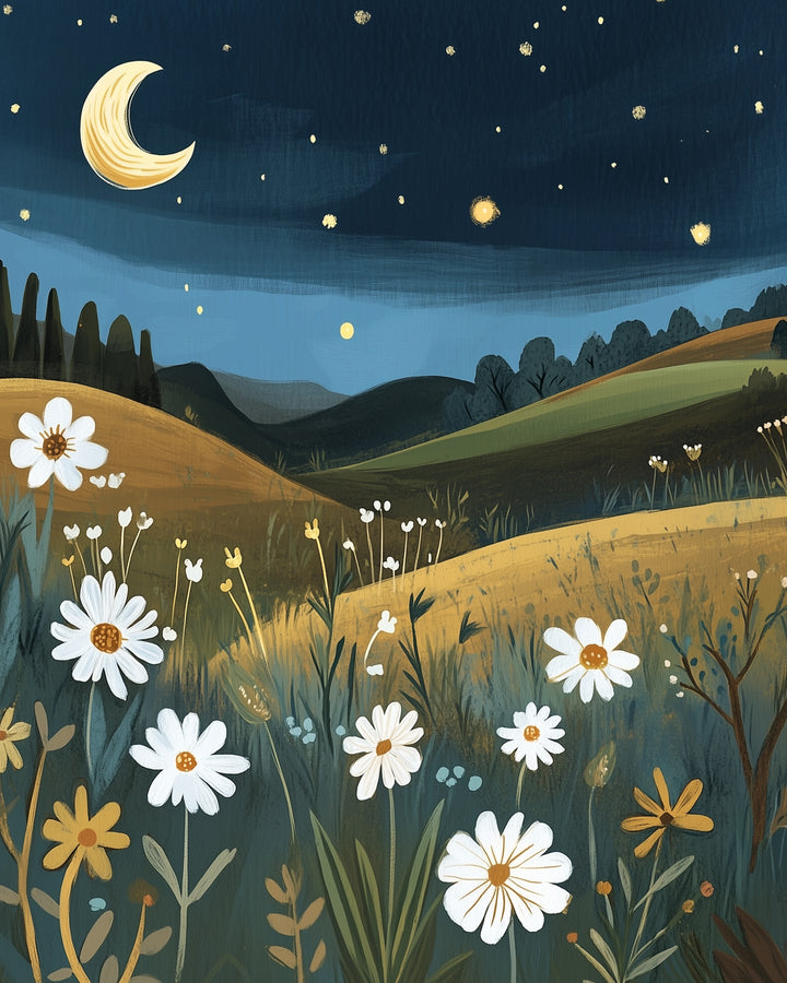 Peaceful landscape of rolling hills and blooming white daisies under a starry sky with a crescent moon glowing over the countryside.
