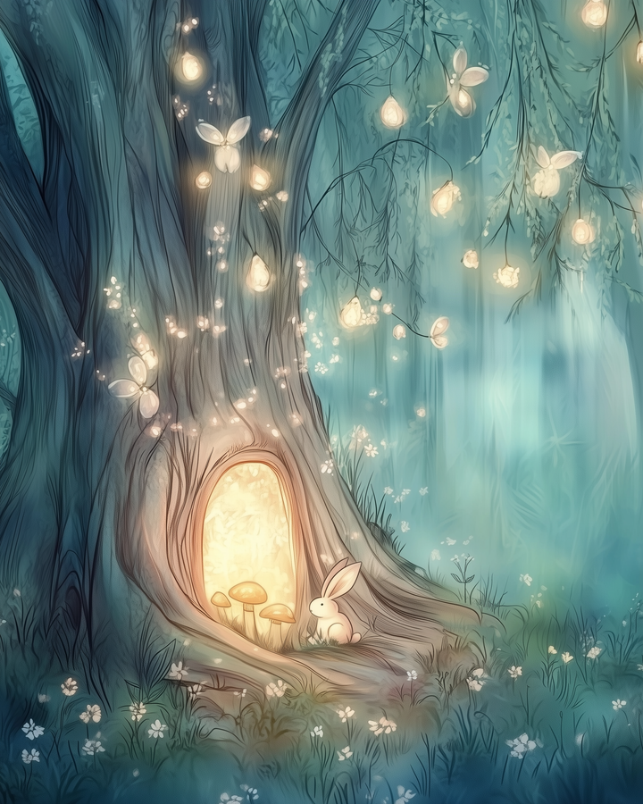 A glowing doorway is nestled at the base of a large tree in a dreamy forest, with a small white rabbit gazing up at it curiously. Bioluminescent butterflies and hanging lights illuminate the scene, casting a magical glow over the surrounding mushrooms, flowers, and misty blue foliage.