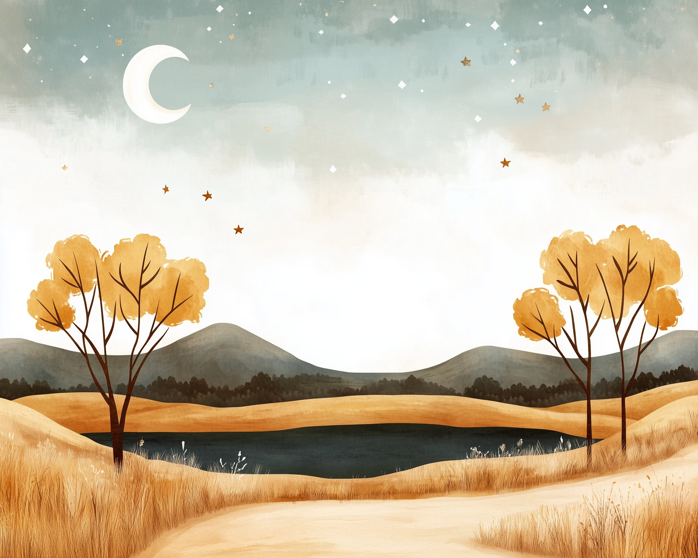 Savanna Storytime Wall Art for Nursery, Playroom or Kids Bedrooms - Starry Safari Scene with Mountains, Moon and Golden Trees - Starry Savanna