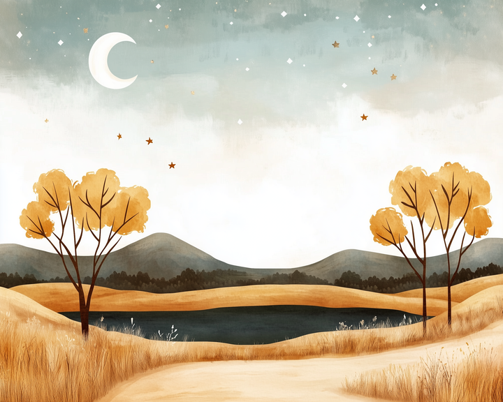 A calm night scene shows golden trees and hills framing a still, dark lake under a crescent moon and starry sky, creating a dreamy, peaceful mood.
